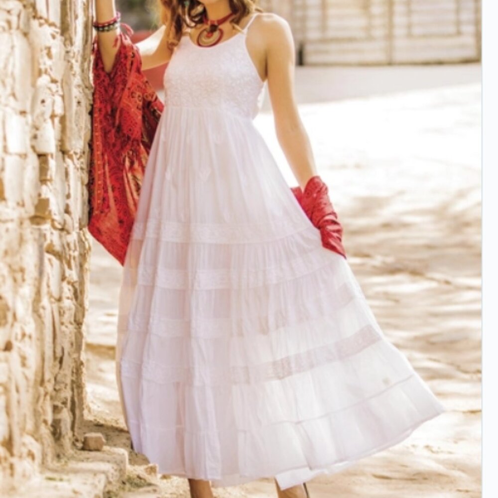 Novica White Cotton Maxi Embroidered Layered Dress  "Lucknow Summer", size L